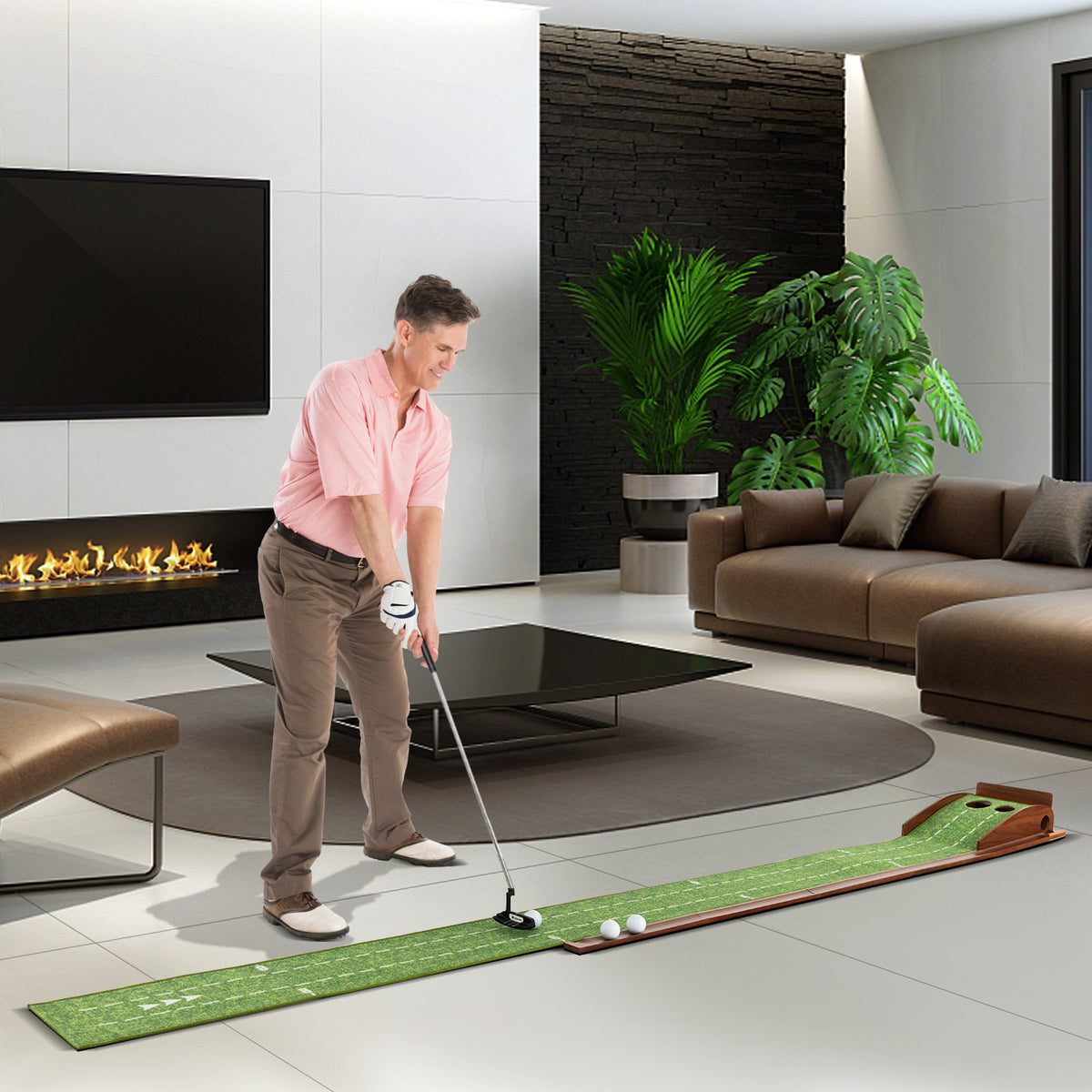 Golf Putting Mat Practice Training Aid with Auto Ball Return and 2 Hole Sizes view 2