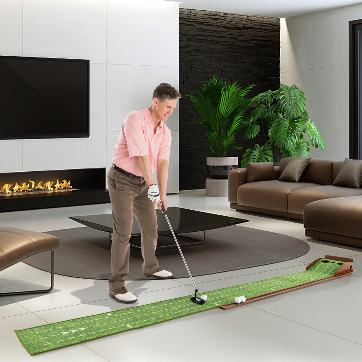 Golf Putting Mat Practice Training Aid with Auto Ball Return and 3 Hole Sizes view 2