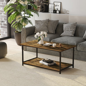 Industrial Coffee Table with Storage Shelf, 2-tier Center Table for Living Room, Rustic Brown