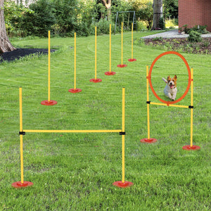 3PCs Portable Pet Agility Training Obstacle Set for Dogs w/ Adjustable Weave Pole, Jumping Ring, Adjustable High Jump