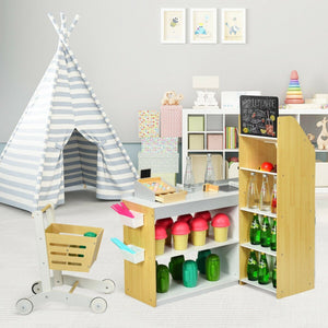 Kids Wooden Grocery Store Playset with Cart for Pretend Supermarket Fun view 2