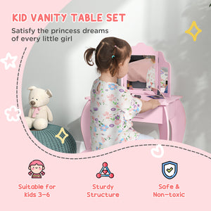 Qaba Kids Vanity Table and Stool, Makeup Vanity Girls Dressing Table Set with Tri-folding Mirrors Drawer Star and Heart Pattern, Pink
