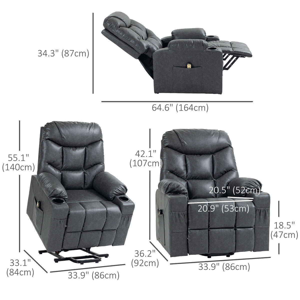 Lift Chair for Elderly, PU Leather Electric Recliner Chair with Quick Assembly, Remote, Cup Holders, Side Pockets, Grey