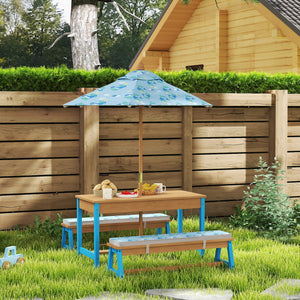 Qaba Kids Picnic Table and Bench Set with Removable Umbrella, Cushions & Boxes, Dinosaur Theme for Outdoor, Blue