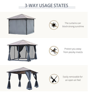 9.8' x 9.8' Garden Aluminium Gazebo Hardtop Roof Canopy Marquee Party Tent Patio Outdoor Shelter with Mesh Curtains & Side Walls, Grey