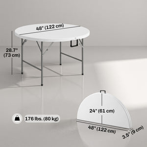 Φ48" Folding Patio Table, Outdoor HDPE Picnic Table, Card Table for 6, Round Folding Banquet with Metal Frame, White