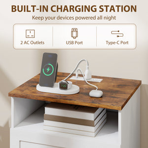 Nightstand with Charging Station 2 Drawers Bedside Table Set of 2 White and Oak