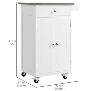 Kitchen Cart, Small Kitchen Island, Stainless Steel Top Utility Trolley on Wheels with Storage Drawer for Dining Room, Kitchen (White)
