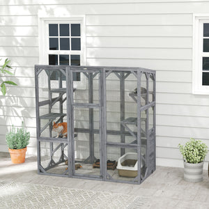 Outdoor Cat Enclosure with 6 Jumping Platforms, Weatherproof Roof, Large Front Door for 1-3 Cats, 59" x 28" x 60", Grey