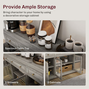 Dining Room Sideboard Buffet Cabinet with Storage, Coffee Bar Cabinet with Glass Doors and Adjustable Shelves, Weathered Grey Oak