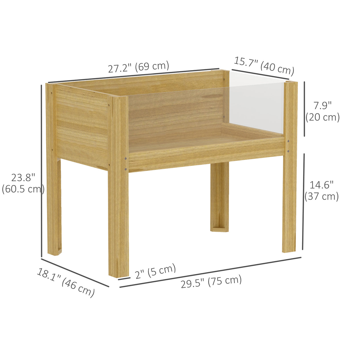 Wooden Raised Garden Bed with Acrylic Panels, Raised Planter Box with Drainage Holes, 29.5" x 18.1" x 23.8" – view 2