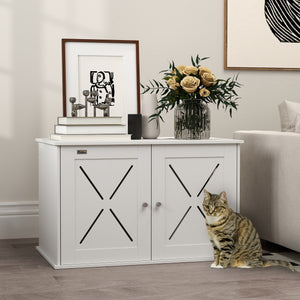 Hidden Cat Litter Box Enclosure with Double Doors, Hole, Pet House Side End Table, 31.5" x 19" x 20", White