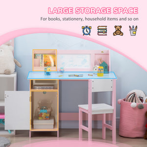 Qaba 2Pcs Kids Desk and Chair Set with Whiteboard, Storage, Shelves