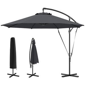 9.5' Cantilever Umbrella with Wind Protection Strap and Cover, Hanging Umbrella with Crank and Cross Base, UPF 50+, Grey