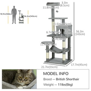 Tall Cat Tree for Indoor Cats, 56" Multi-Level Cat Tower with Hammock, Cat Bed, Cat Condo with Sisal Scratching Posts, Grey