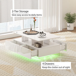 Coffee Table with RGB LED Lights, Modern Living Room Table with 4 Drawers, Open Shelf, Remote Control, High Gloss White