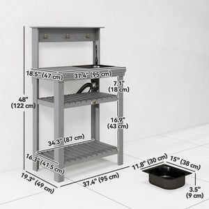 Outdoor Potting Bench Table with Faucet, Removable Sink, Hooks and Storage Shelves – view 2