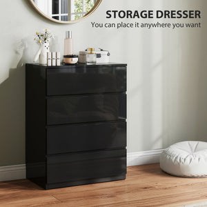 4 Drawer Cabinet, High Gloss Drawer Chest for Bedroom, Chest of Drawers with Metal Runners and Groove Handles, Black