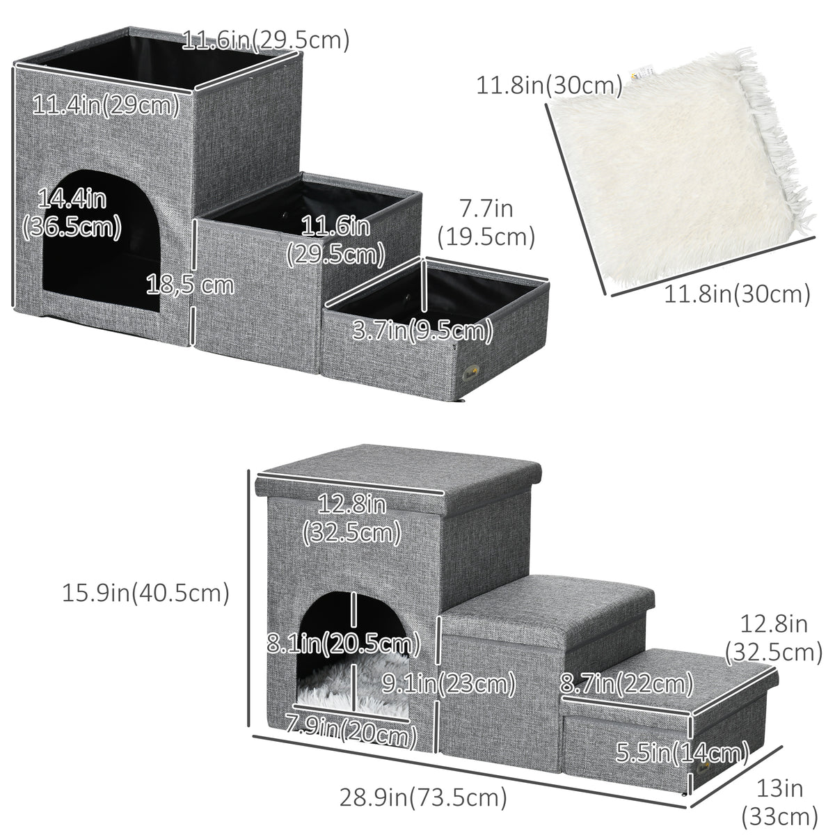 Dog Ramp with Storage Boxes and Condo, 3-step Pet Stairs for High Beds and Couch with Washable Plush Cushion