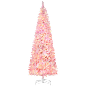 6 Foot Prelit Snow Flocked Artificial Christmas Tree with Pencil Shape, 500 Pine Realistic Branches, Warm White LED lights, Auto Open, Pink and White