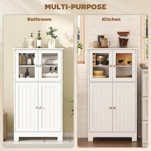 Bathroom Floor Storage Cabinet with Tempered Glass Doors and Adjustable Shelf, Kitchen Cupboard, Free Standing Organizer for Living Room Entryway, White
