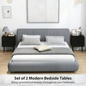 Modern Bedside Tables Set of 2, 2 Pieces Nightstands with 2 Storage Drawers and Steel Legs for Bedroom, Black Wood Grain