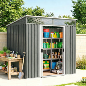 6.5x4FT Galvanised Metal Shed with Foundation Kit, Lockable Garden Tool Storage House with Sliding Doors – view 21