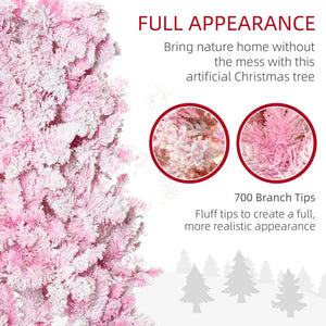 6 Foot Prelit Snow Flocked Artificial Christmas Tree with Pencil Shape, 500 Pine Realistic Branches, Warm White LED lights, Auto Open, Pink and White
