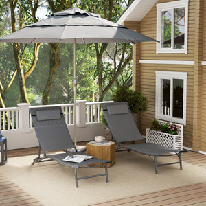 Folding Outdoor Chaise Lounge Chair Set of 2 with Adjustable Backrest, Headrest, Mesh Seat for Beach, Poolside, Grey