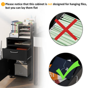24" Small Filing Cabinet with Open Compartment, Drawer and Wheels, Home Office Storage Cabinet, Black