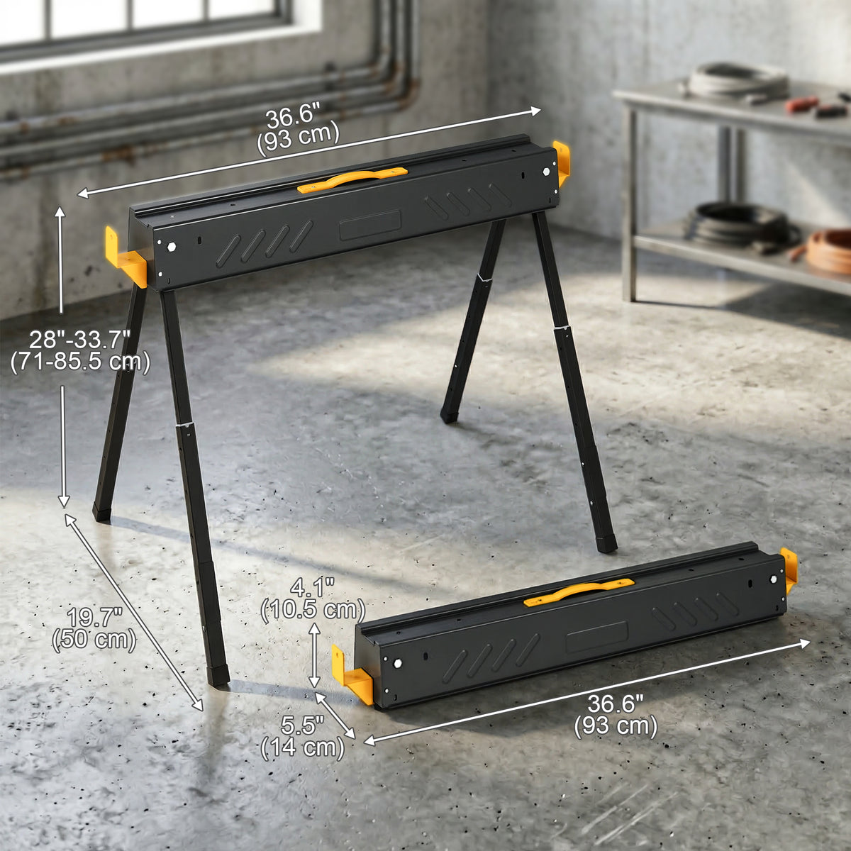 Mitre Saw Stands, Sawhorses with Height Adjustable Legs, 2x4 Bracket, Carry Handle, Black