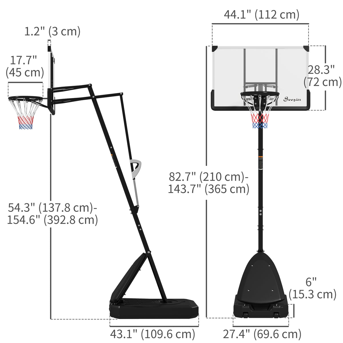 Soozier Basketball Hoop Outdoor, 4.9-10ft Portable Basketball Goal with 44" Shatterproof Backboard, Rebound System, Wheels
