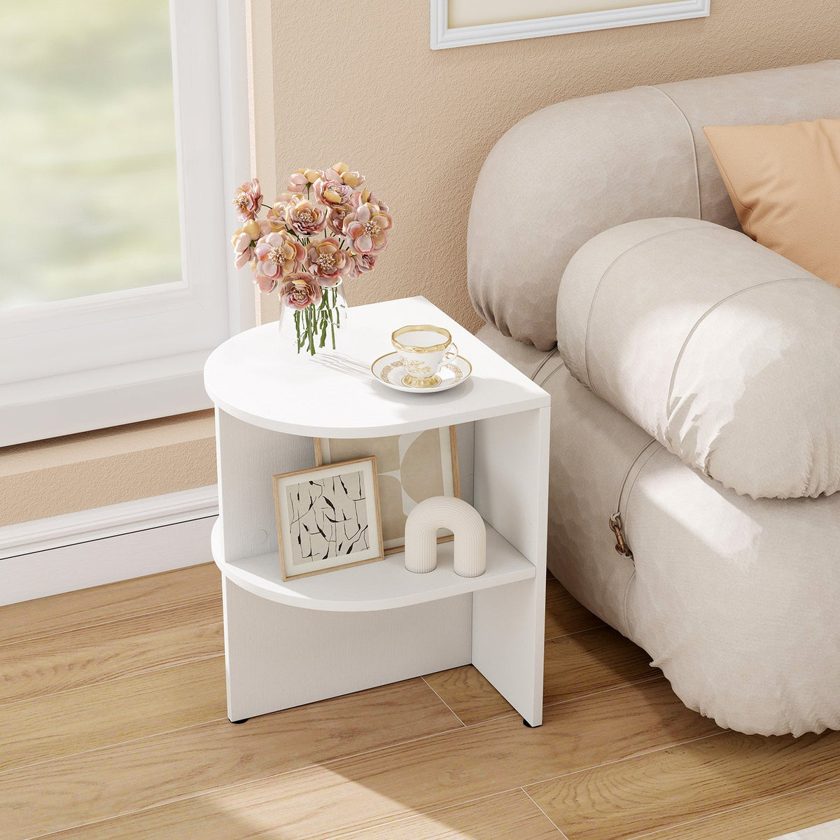 Half Round End Table with Open Shelves for Small Space-White view 2