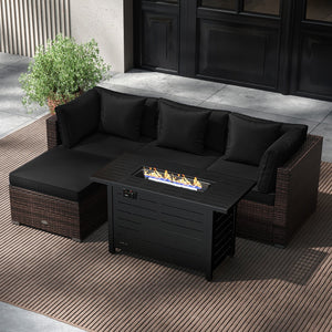 Heavy-duty Frame Rattan Sofa Set with 60000 BTU Firepit Table-Black view 3