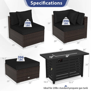 Heavy-duty Frame Rattan Sofa Set with 60000 BTU Firepit Table-Black view 5