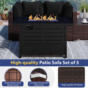 Heavy-duty Frame Rattan Sofa Set with 60000 BTU Firepit Table-Black view 8