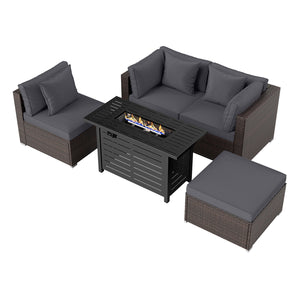 Heavy-duty Frame Rattan Sofa Set with 60000 BTU Firepit Table-Gray