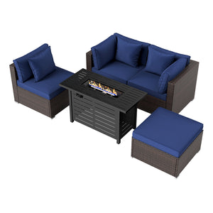 Heavy-duty Frame Rattan Sofa Set with 60000 BTU Firepit Table-Navy