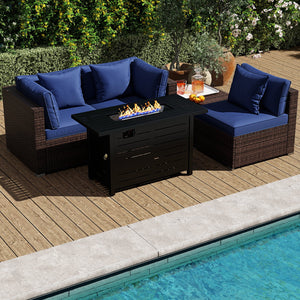 Heavy-duty Frame Rattan Sofa Set with 60000 BTU Firepit Table-Navy view 2