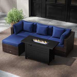 Heavy-duty Frame Rattan Sofa Set with 60000 BTU Firepit Table-Navy view 3