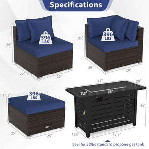 Heavy-duty Frame Rattan Sofa Set with 60000 BTU Firepit Table-Navy view 5