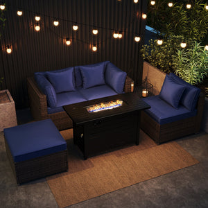 Heavy-duty Frame Rattan Sofa Set with 60000 BTU Firepit Table-Navy view 6