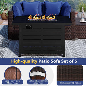Heavy-duty Frame Rattan Sofa Set with 60000 BTU Firepit Table-Navy view 8