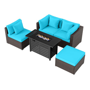 Heavy-duty Frame Rattan Sofa Set with 60000 BTU Firepit Table-Turquoise