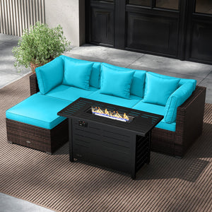 Heavy-duty Frame Rattan Sofa Set with 60000 BTU Firepit Table-Turquoise view 2