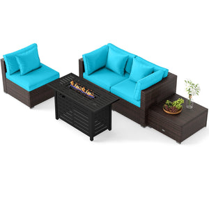 Heavy-duty Frame Rattan Sofa Set with 60000 BTU Firepit Table-Turquoise view 4