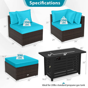 Heavy-duty Frame Rattan Sofa Set with 60000 BTU Firepit Table-Turquoise view 5
