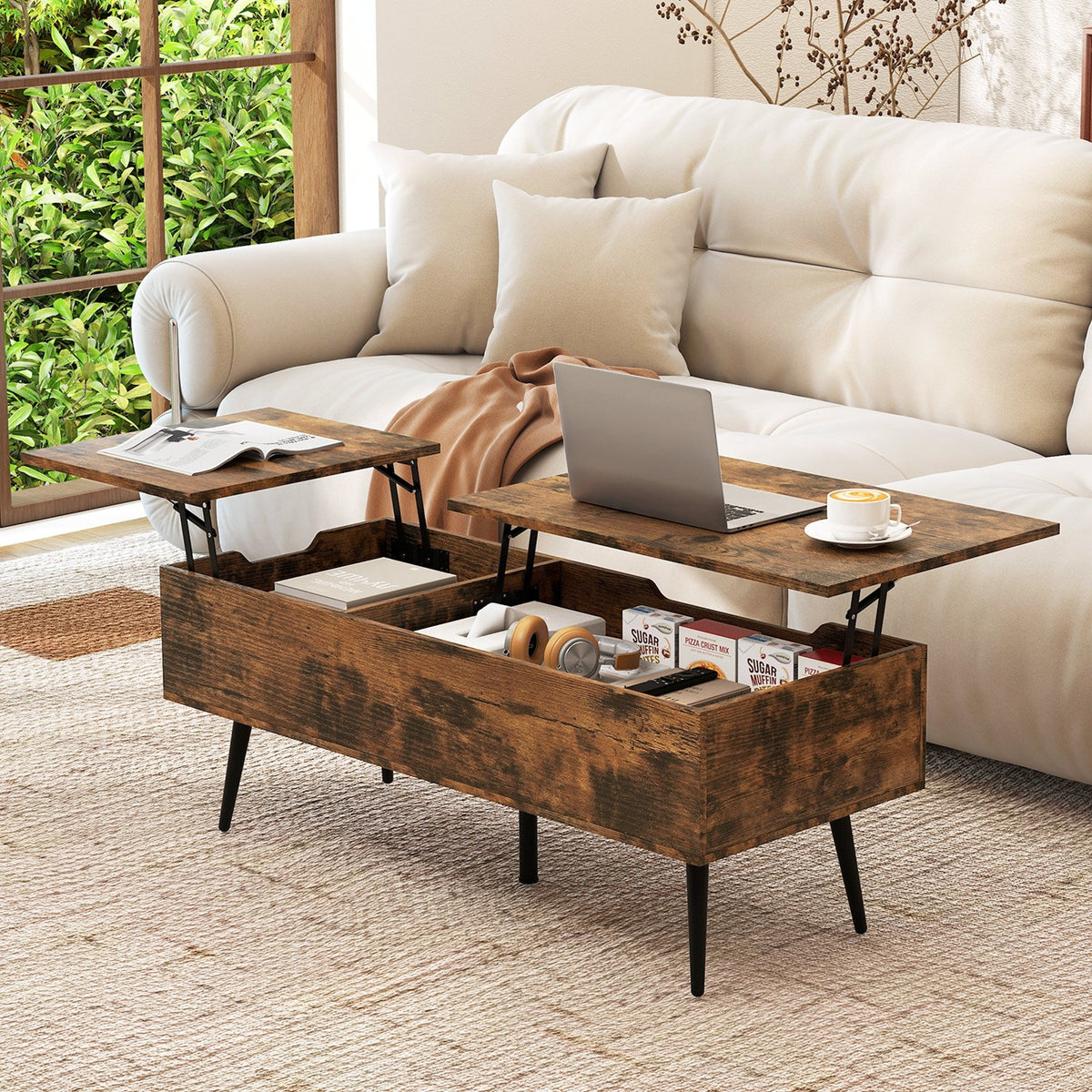 47 Inch Lift Top Coffee Table with 2 Hidden Compartments-Coffee view 2