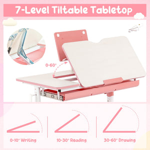 Height-Adjustable Kid's Study Desk and Chair Set-Pink view 7
