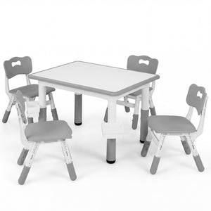 Height Adjustable, Kids Table and 4 Chairs Set with Graffiti Desktop and 2 Storage Baskets-Gray view 4